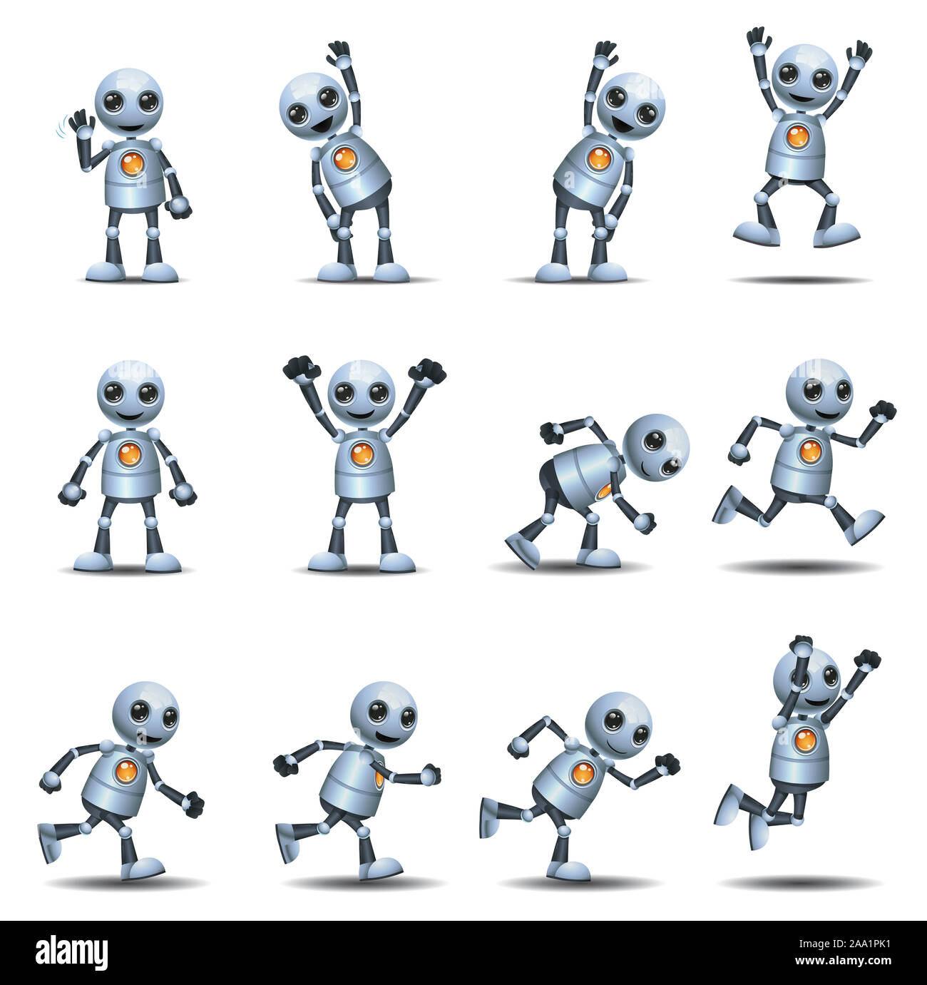 3d illustration de petit robot en mode de vie actif et la vitalité définissez isolées sur fond blanc Banque D'Images