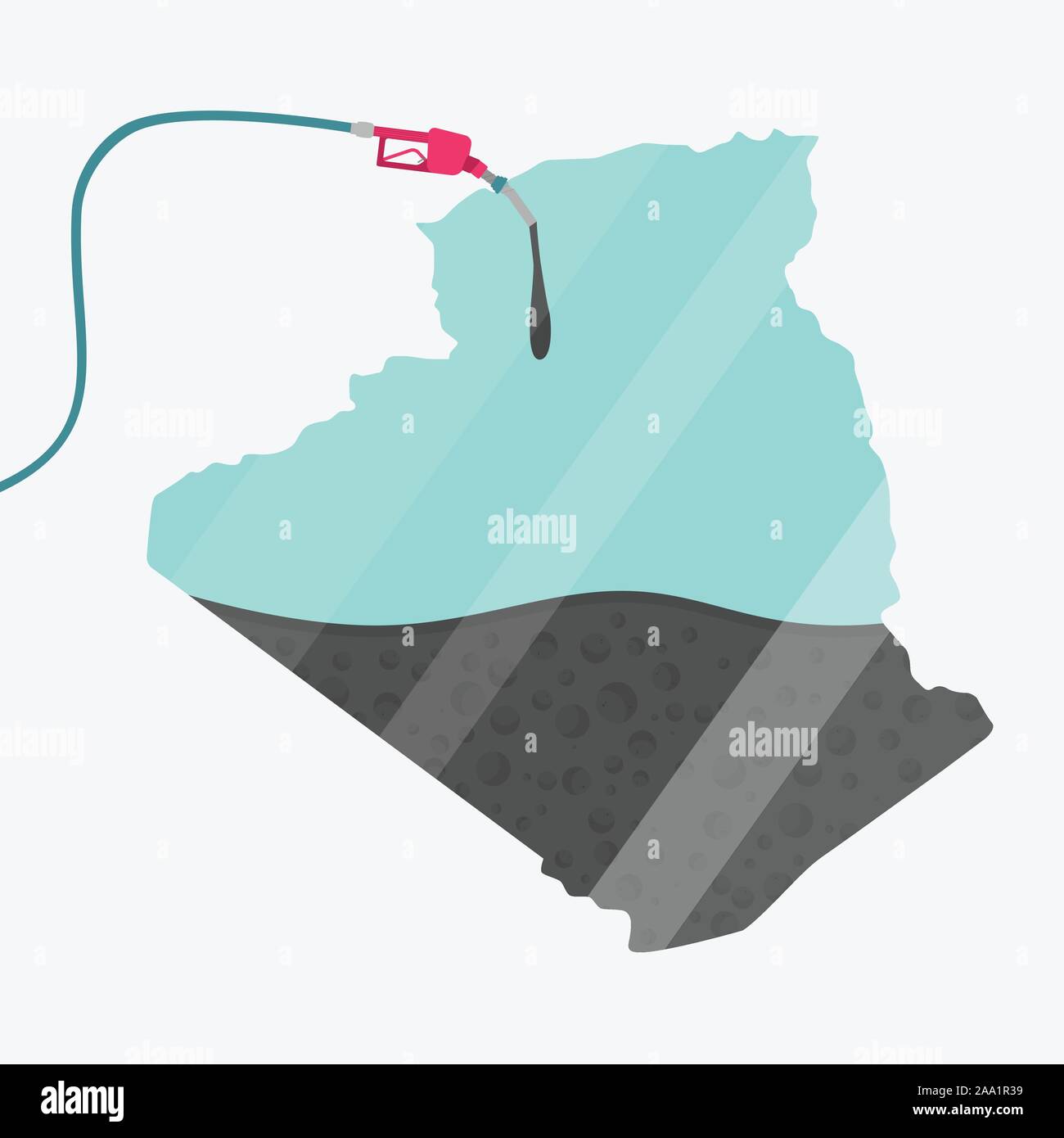 La carte de l'Algérie, d'Afrique, d'être alimentée par l'huile. La pompe à gaz alimentée carte. Sur la carte il y a une réflexion en verre. Pays africain. Conceptuel. La production d'huile Illustration de Vecteur