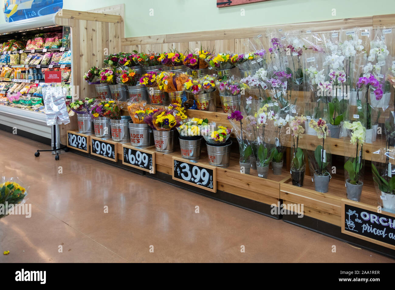 Les ventes de fleurs à l'intérieur d'affichage marché Trader Joe's à Wichita, Kansas, États-Unis. Banque D'Images