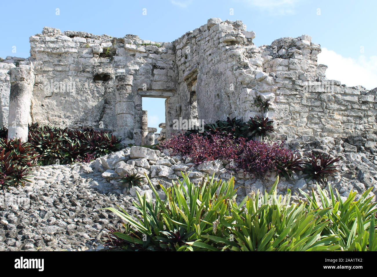 Ruines mayas de la ville de Tulum, près de Cancun, Mexique, en l'état de Quintana Roo rempli d'histoire, les bâtiments en pierre calcaire, la végétation et la faune Banque D'Images