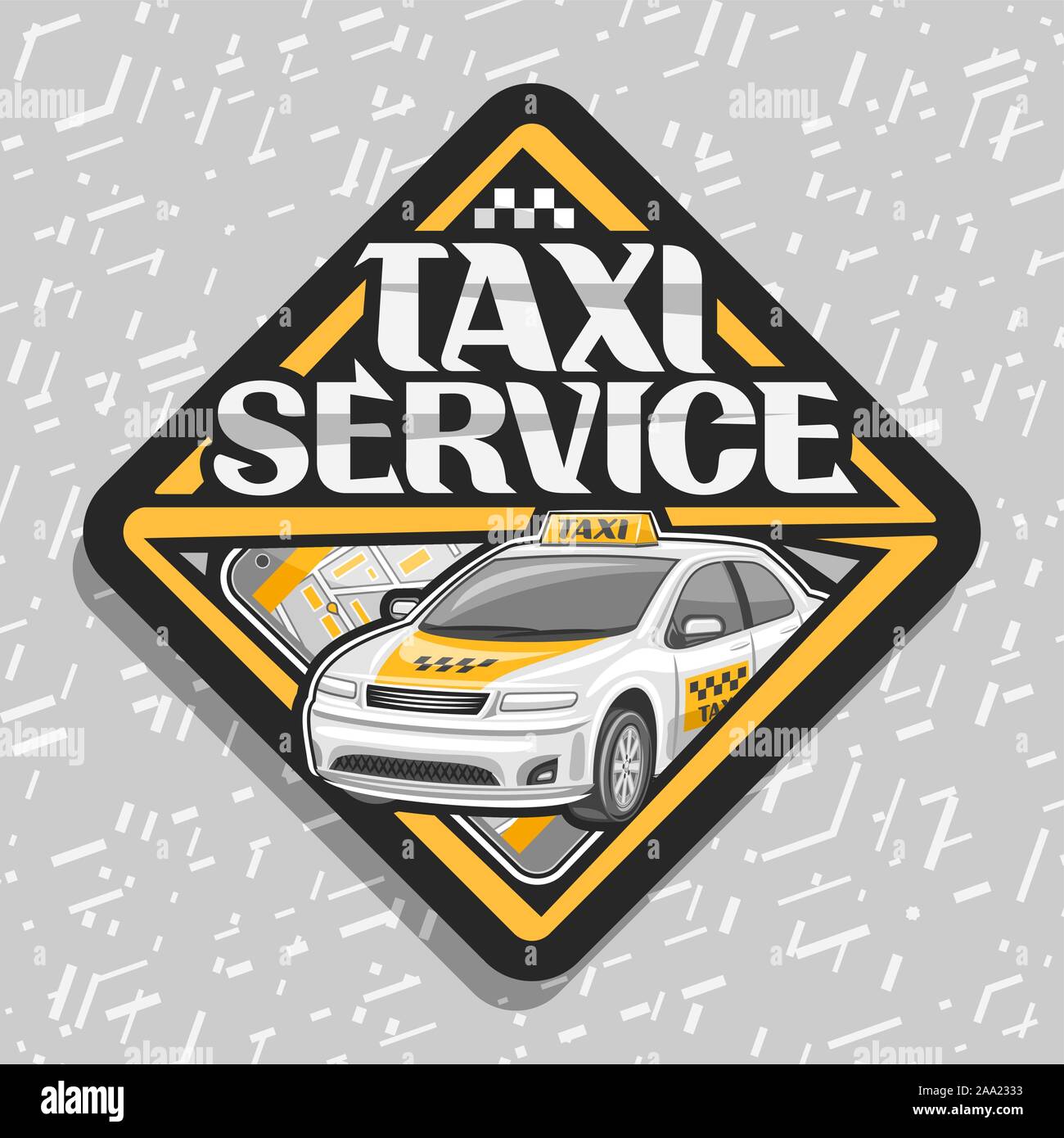 Logo Vector pour un service de taxi, avec étiquette décorative noire cartoon permanent sedan et cellulaire, lettrage original des mots, de l'innovation de service de taxi Illustration de Vecteur