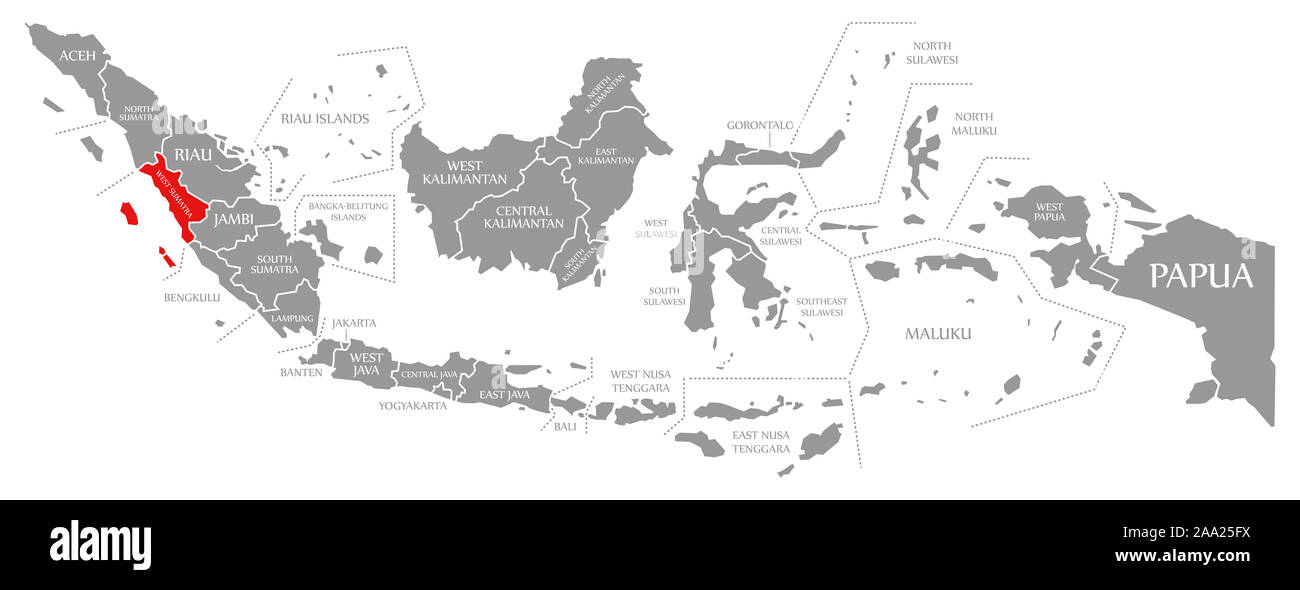 L'ouest de Sumatra en surbrillance rouge dans la carte de l'Indonésie Banque D'Images