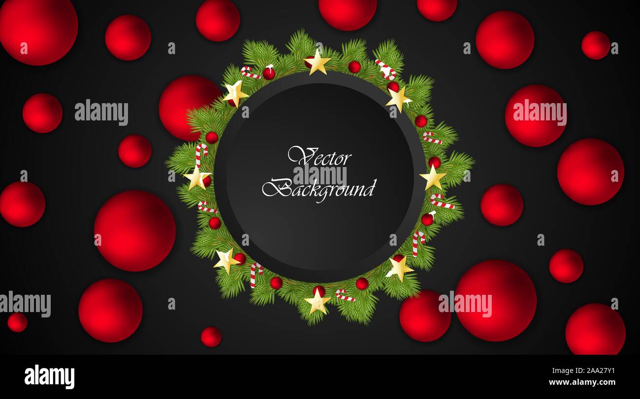 Vecteur de Noël arrière-plan. cercle noir pour le texte. ornements que les boules rouges, les bonbons, les étoiles et les boules. Illustration de Vecteur