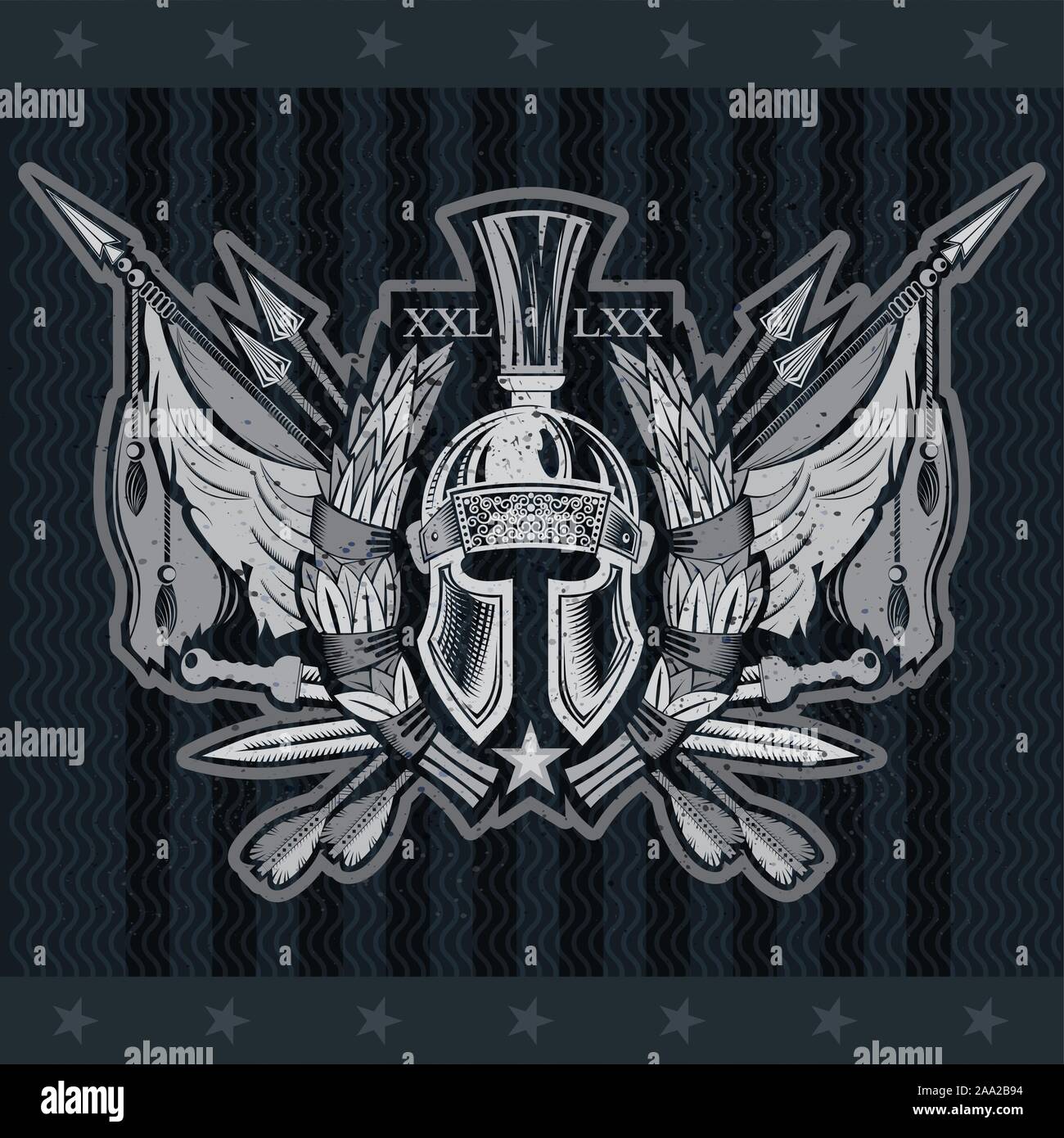 Vue avant du casque Spartan entre couronne de laurier avec croisés et vintage d'armes. Étiquette vintage héraldique on blackboard Illustration de Vecteur