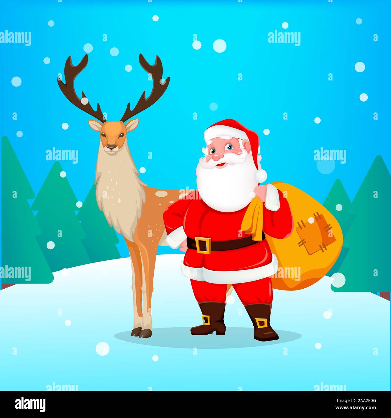 Joyeux Noël carte de vœux joyeux Père Noël et les rennes. Santa avec gros sac de cadeaux. Vector illustration. Illustration de Vecteur