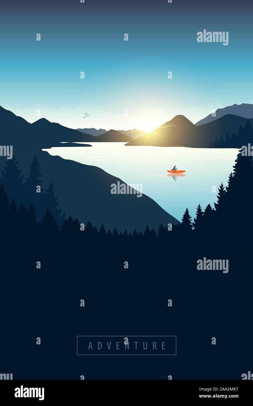 Canot solitaire avec orange voile au lever du soleil sur la rivière illustration vecteur EPS10 Illustration de Vecteur