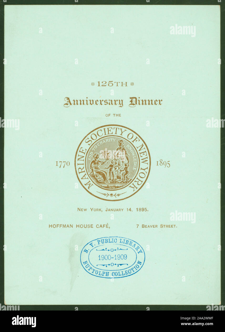 Sceau de la société & devise sur le couvercle ; 125ème Anniversaire Dîner [détenus par] MARINE SOCIETY DE NEW YORK [at] HOFFMAN HOUSE CAFE, NEW YORK, NY (reste) ; Banque D'Images