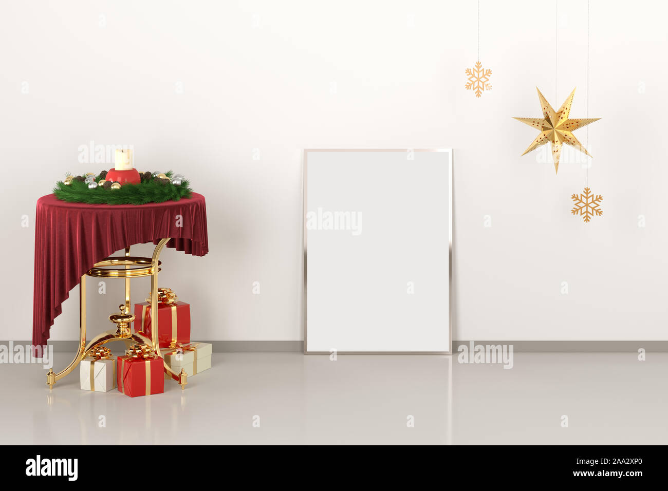 Maquette affiche toile châssis d'argent dans la pièce avec table ronde, couronne de Noël, des bougies et des cadeaux de Noël d'or étoile décoration. White wall Background Banque D'Images