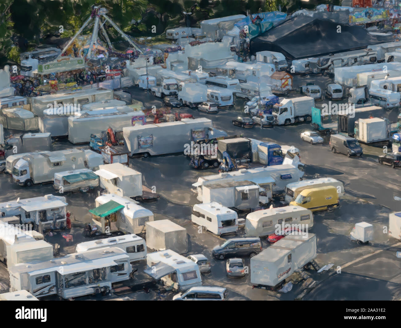 Aquarelle illustration : Vue aérienne de la caravanes des gens du voyage l'exploitation d'une grande fête foraine Banque D'Images