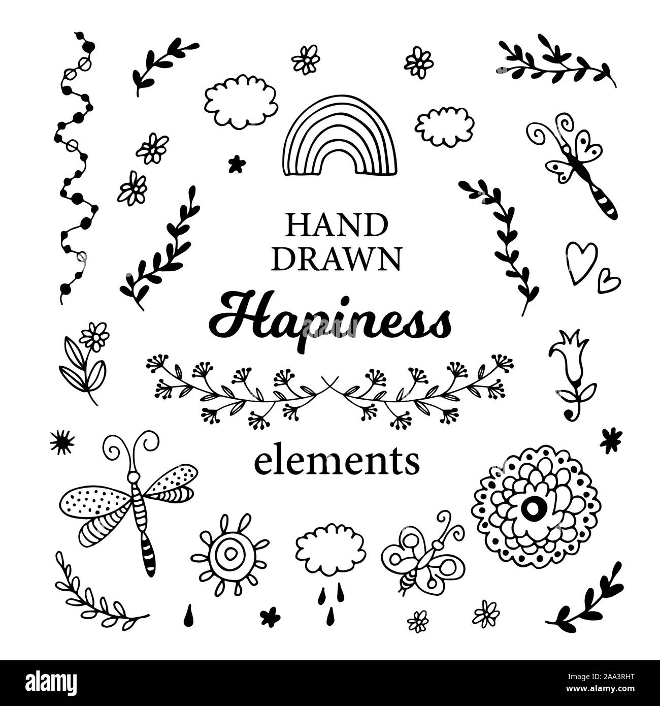 Ensemble décoratif avec vector hand et éléments floraux, fleurs et feuilles, carte d'amour dans la collection doodle style dessiné à la main Illustration de Vecteur