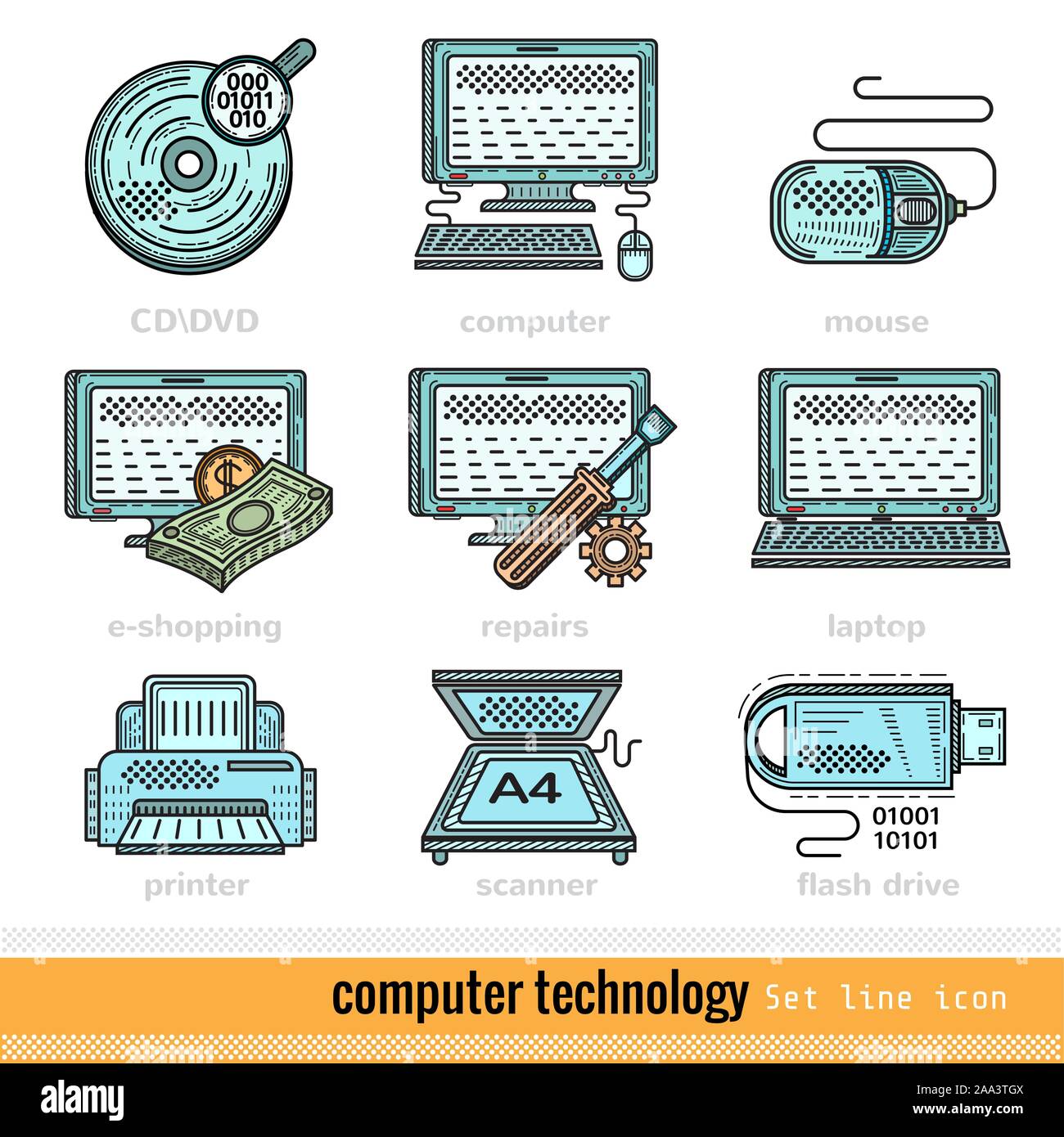 Ensemble d'ordinateur couleur Technologie Description Web Icons Illustration de Vecteur
