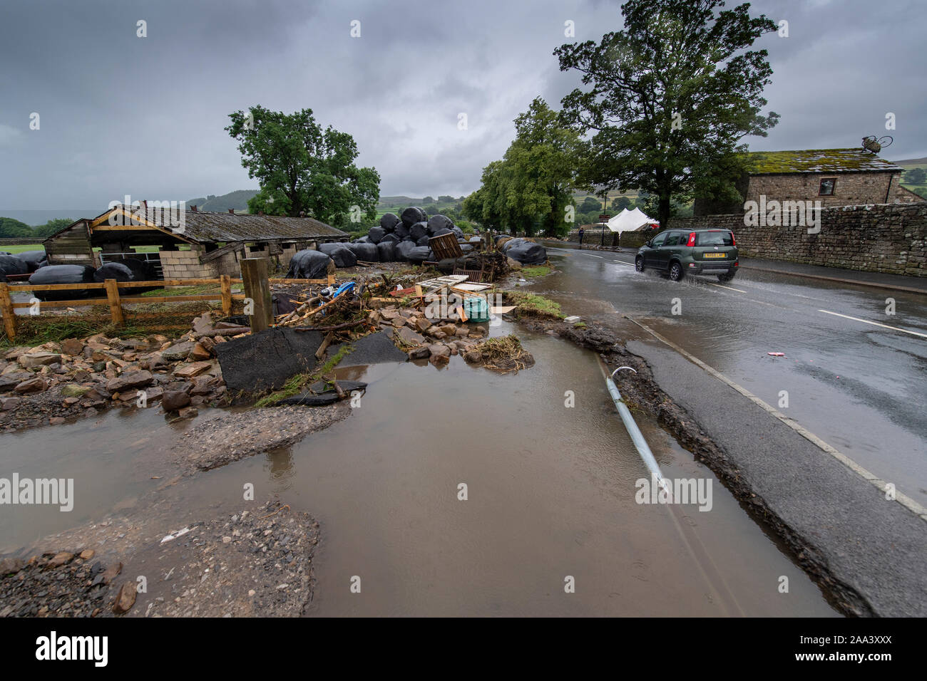 Dommages causés par des inondations autour de Reeth, Yorkshire du Nord, après une averse dans Arkengarthdale, août 2019. Banque D'Images