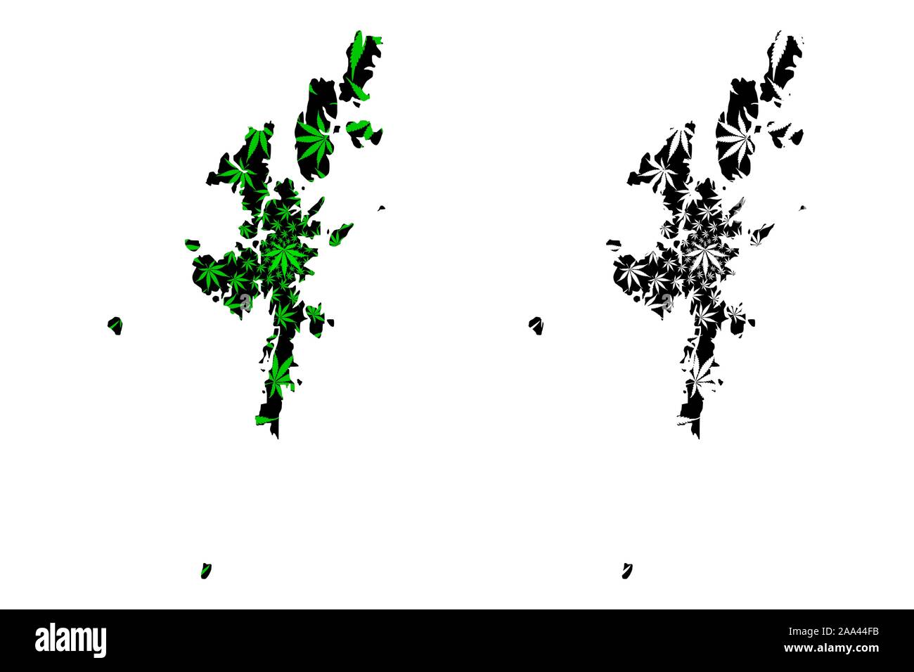 Îles Shetland (Royaume-Uni, Ecosse, le gouvernement local en Écosse) La carte est conçue de feuilles de cannabis vert et noir, Zetland (îles du Nord) site Illustration de Vecteur