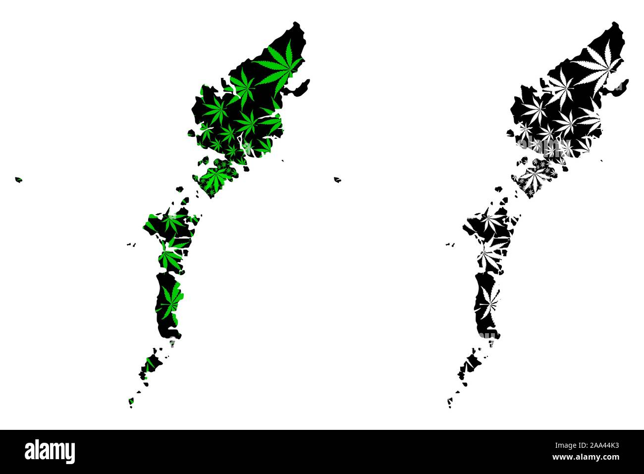 Comhairle nan Eilean Siar (Royaume-Uni) La carte est conçue de feuilles de cannabis vert et noir, Na h-Eileanan Siar (Hébrides extérieures et à l'île de Lewis) ma carte Illustration de Vecteur