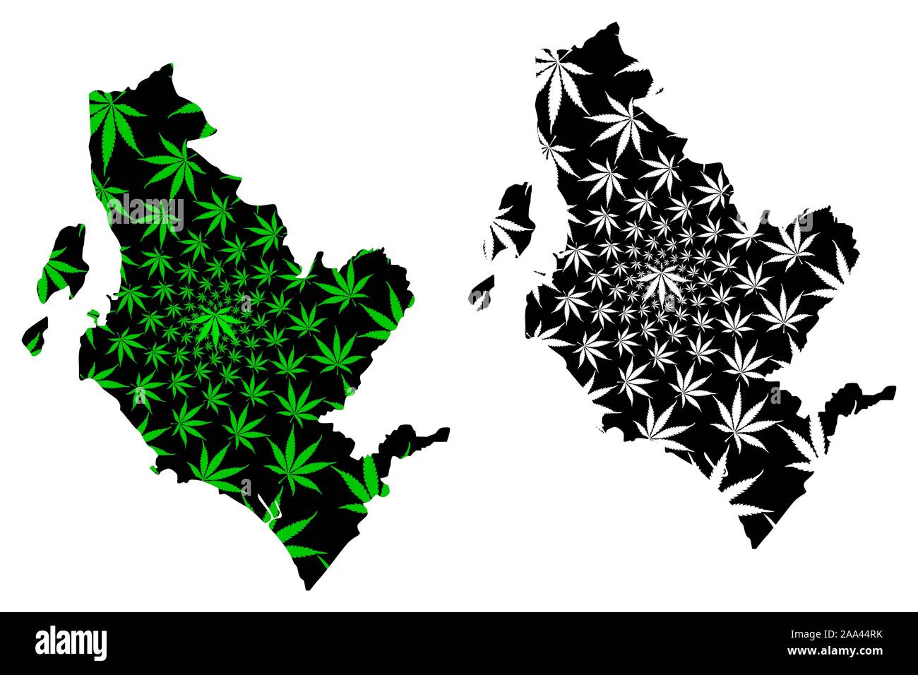 Ayrshire du Nord (Royaume-Uni, Ecosse, le gouvernement local en Écosse) La carte est conçue de feuilles de cannabis vert et noir, Ayrshire du Nord Carte de mari Illustration de Vecteur