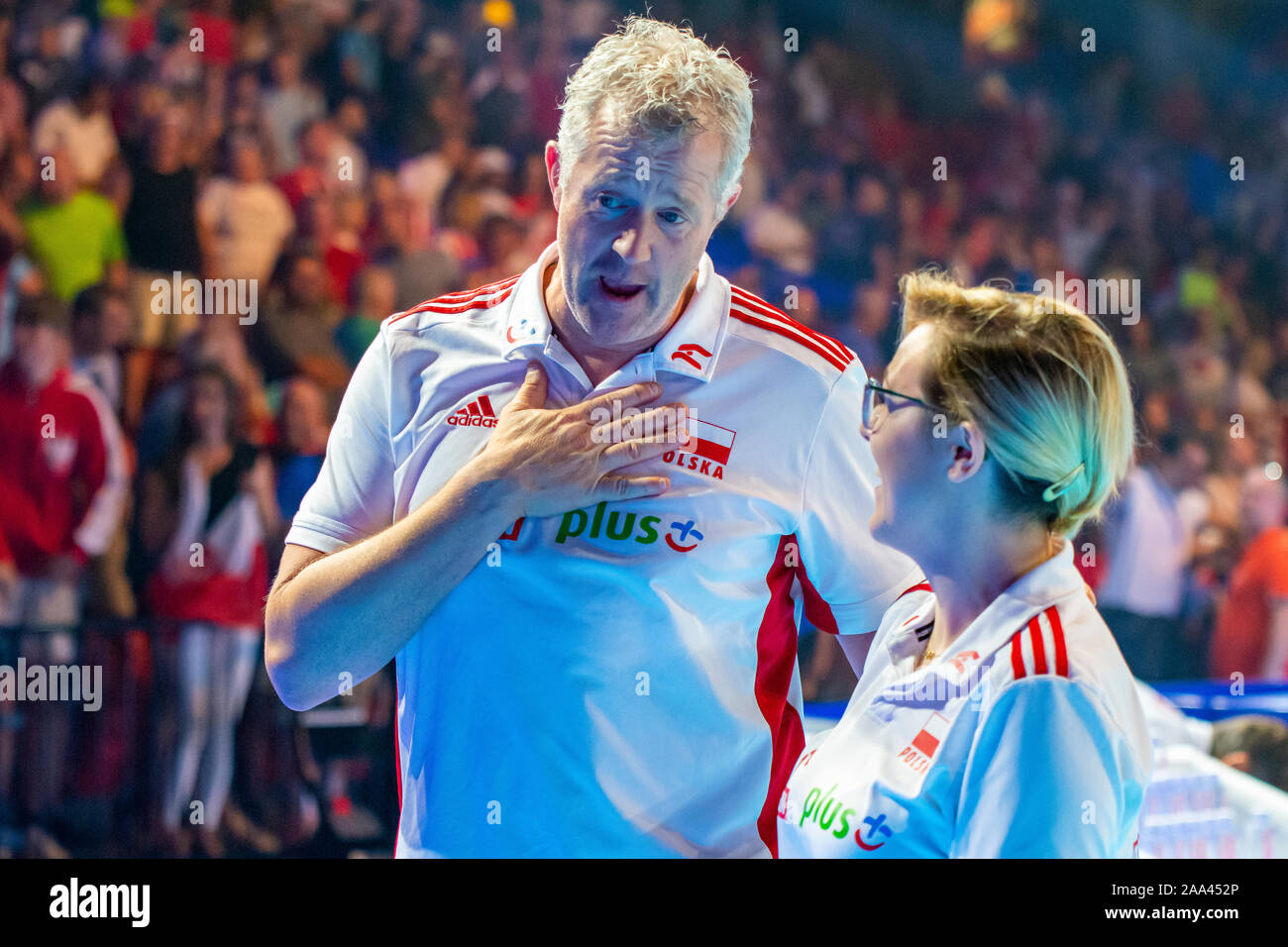 Chicago, Illinois, United States - 11 juin 2019 : Les joueurs de l'équipe nationale polonaise de volley-ball pendant la finale de la FIVB à Chicago, Illinois. Banque D'Images