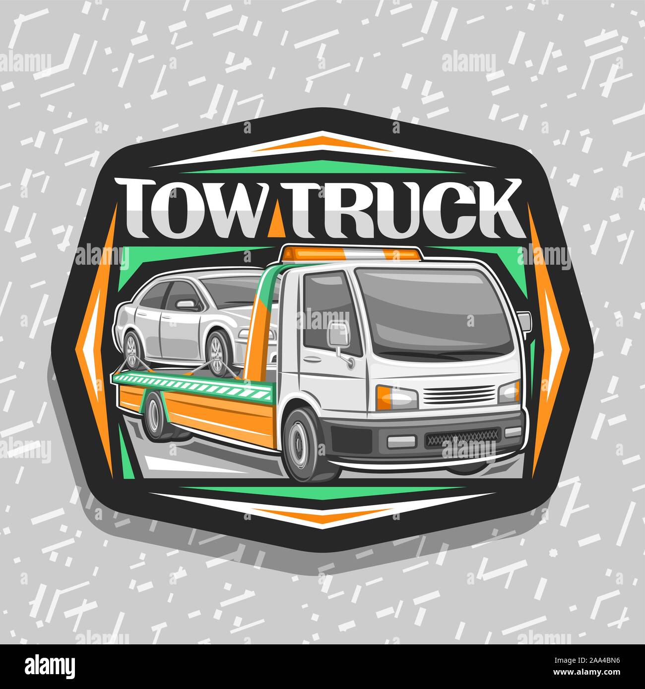 Logo Vector pour camion de remorquage, étiquette décorative noire avec illustration de transport voiture fixe d'évacuateur avec orange lampe d'alarme, lettrage original Illustration de Vecteur