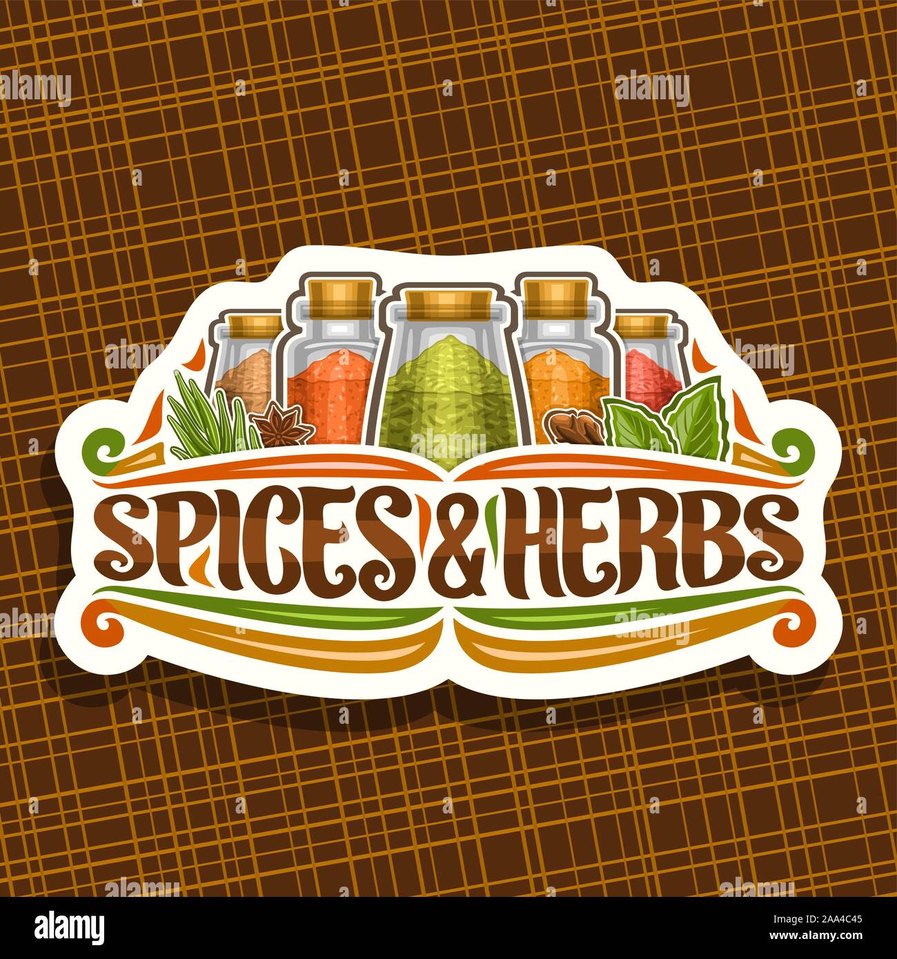 Logo Vector pour les épices et herbes, couper le papier décoratif signe avec illustration de l'ensemble des condiments indiens dans des boîtes en verre vintage, s'épanouit et ou Illustration de Vecteur