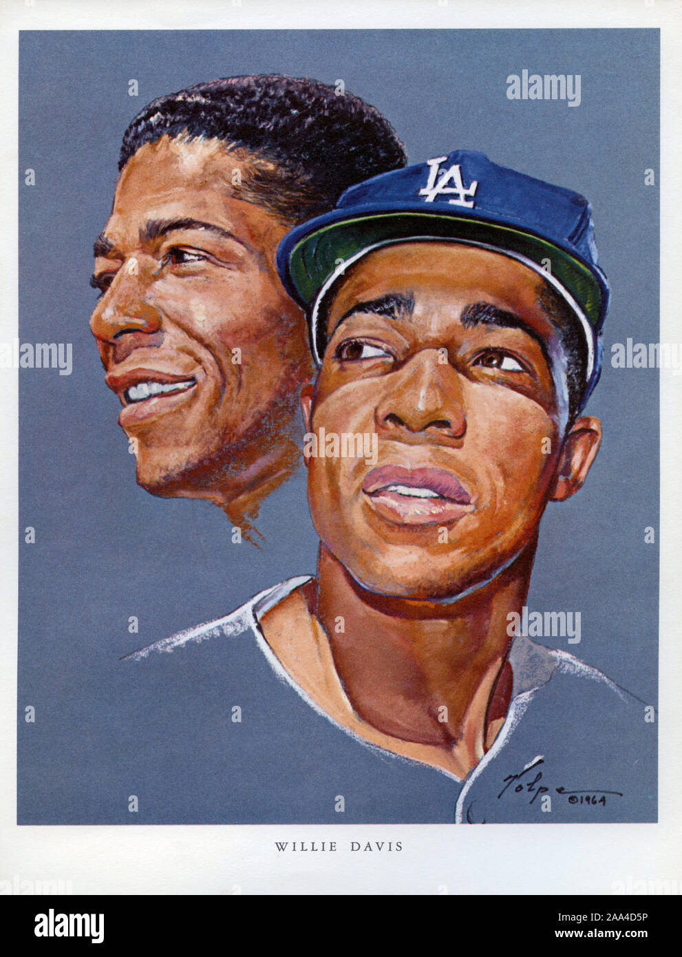 Portrait Souvenir de Los Angeles Dodger dvd Willie Davis par artiste Nicolas Volpe a été remis aux clients à 76 stations de gaz à Los Angeles en 1964 comme une promotion. Banque D'Images