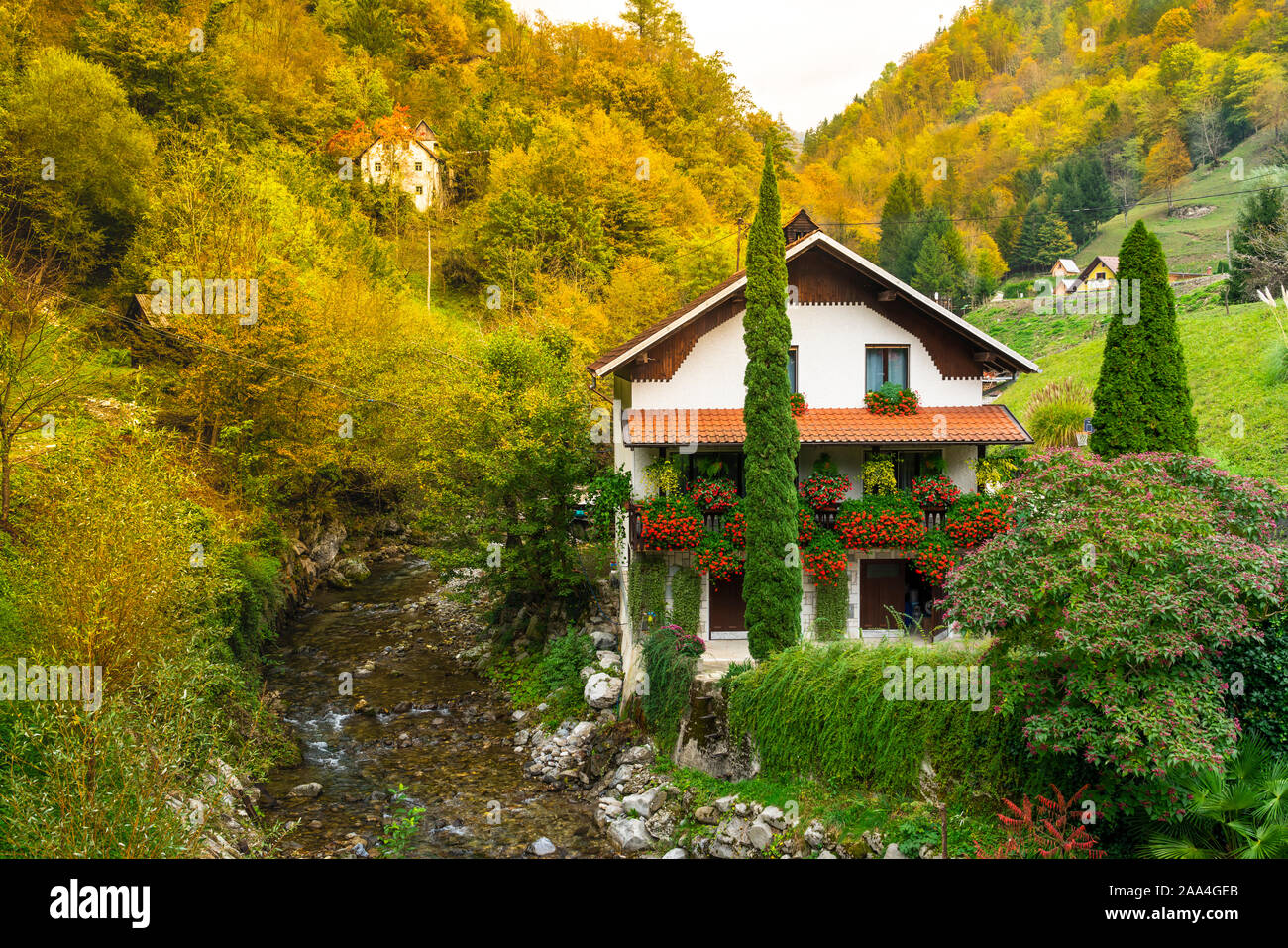 Une petite maison avec la couleur des feuilles d'automne près du village de Koritnica, la Slovénie, l'Europe. Banque D'Images