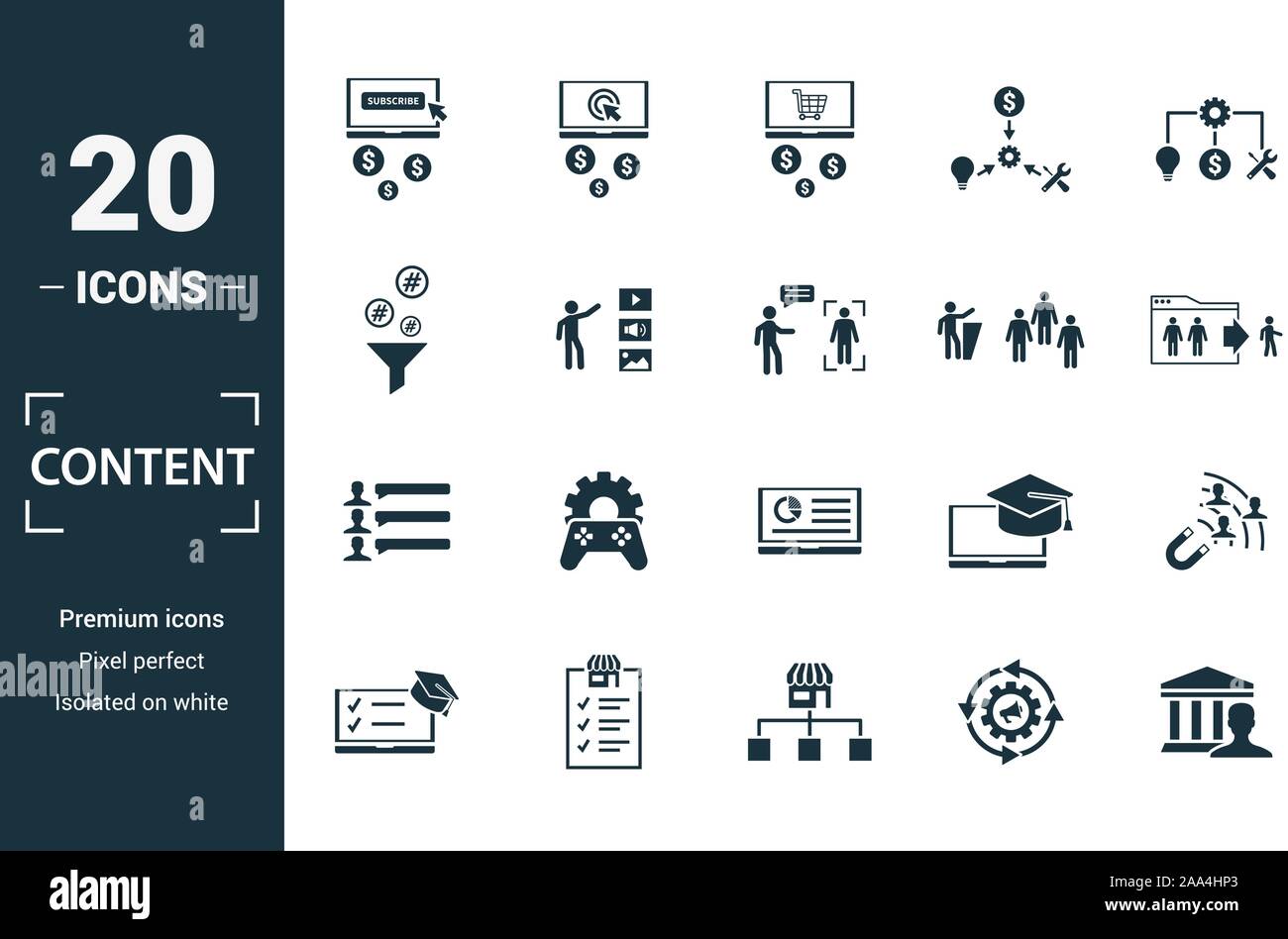 Content icon set. Éléments de création : coût par clic, crowdsourcing, curation, taux de sortie, gamification des icônes. Peut être utilisé pour rapport Illustration de Vecteur