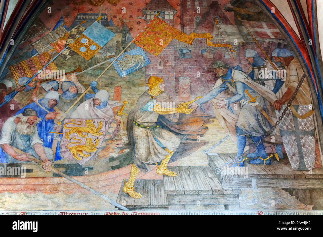 La peinture dans une fenêtre du 13ème siècle château de Malbork, fondée par les Chevaliers de l'Ordre Teutonique, Site du patrimoine mondial de l'Unesco. Occidentale, Pologne Banque D'Images