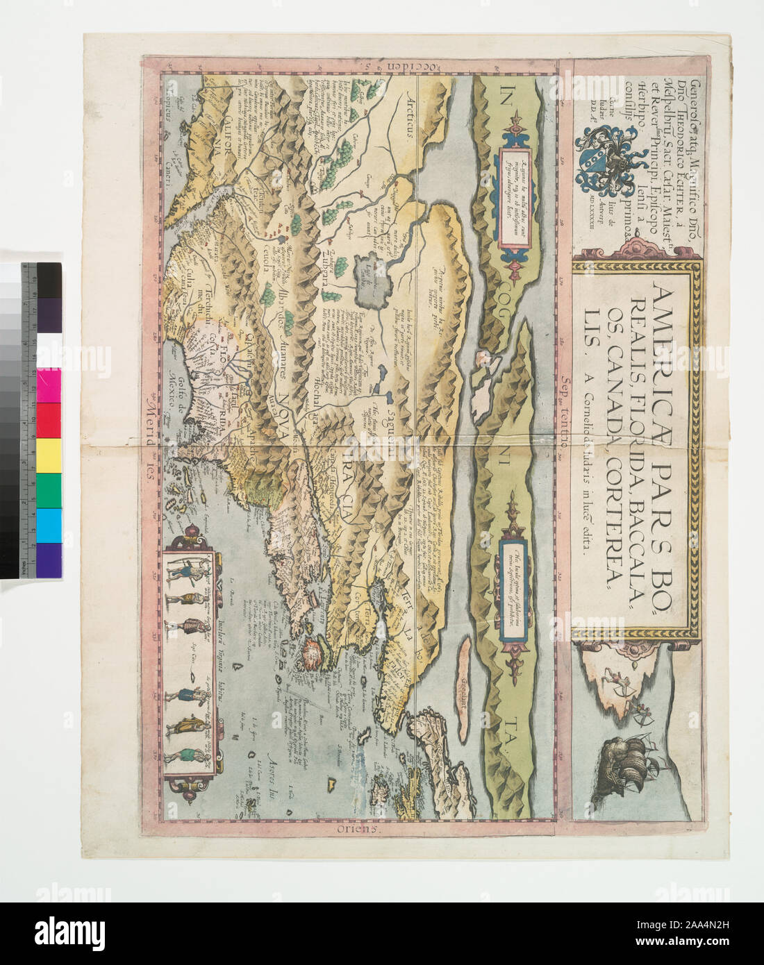 Citation/référence : Addenda Stokes, cartes, 1593-Maps-4 Cornelis de Judaeis est le géographe. De Cornelis de Judaeis, Speculum Orbis Terrae, Anvers, 1593. Citation/référence : Deák 016 ; Americae pars borealis, Floride, Baccalaos, Canada, Corterealis. Banque D'Images