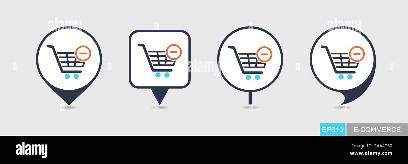 Panier borne d'une icône avec moins. Retirer du panier. E-commerce signe. Pointeur de carte. Les marqueurs de carte. Icône vecteur de destination Illustration de Vecteur