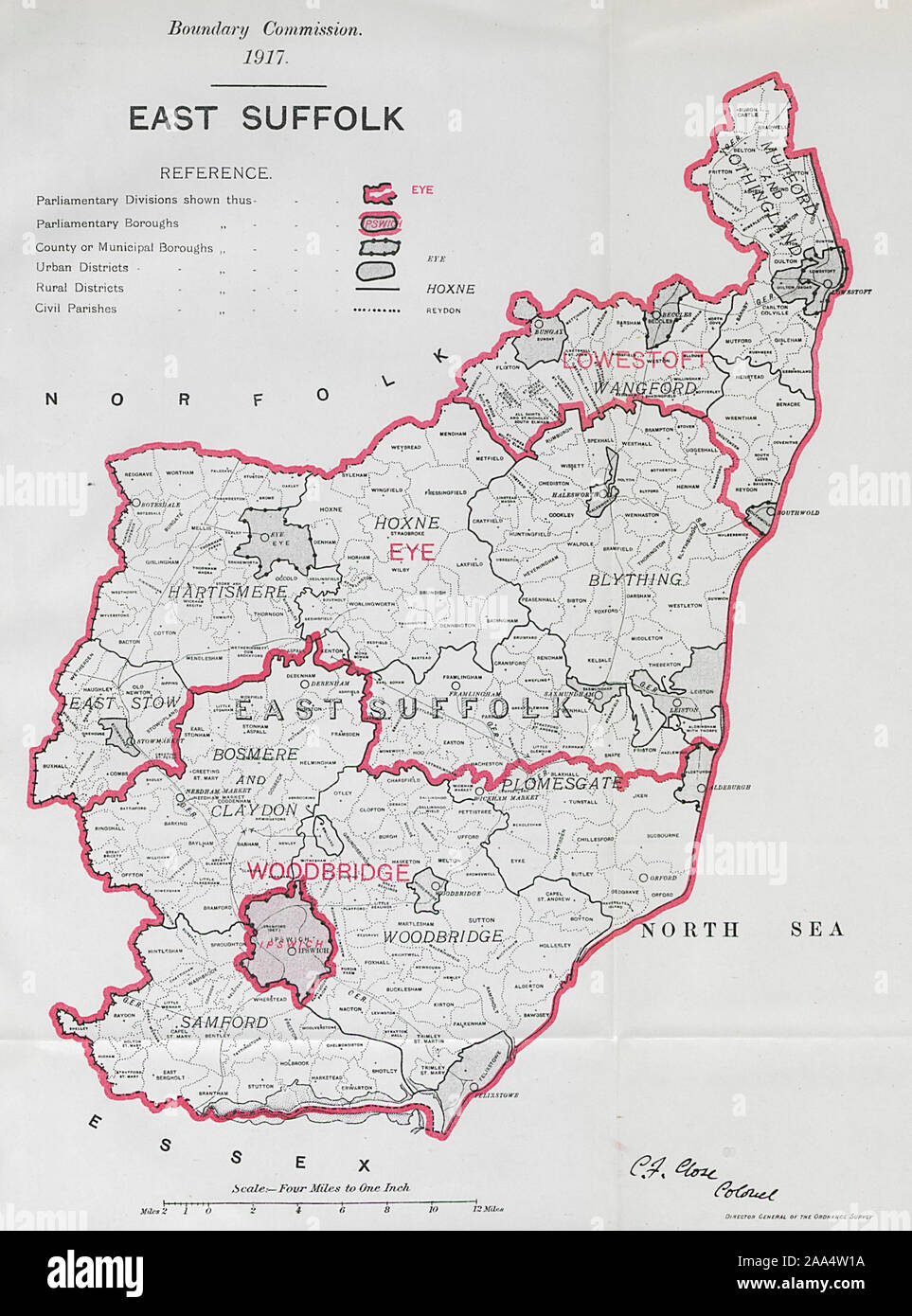 East Suffolk Comté parlementaire. COMMISSION DU TRACÉ. Fermer 1917 carte ancienne Banque D'Images