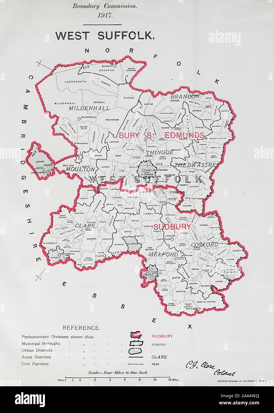West Suffolk Comté parlementaire. COMMISSION DU TRACÉ. Fermer 1917 carte ancienne Banque D'Images
