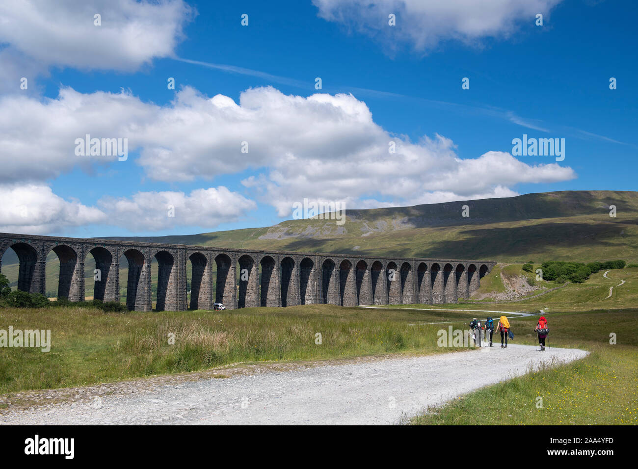 Les Marcheurs la position le long de la voie vers le viaduc de Ribblehead et Whernside, l'un des trois pics dans le Yorkshire Dales National Park, Royaume-Uni. Banque D'Images