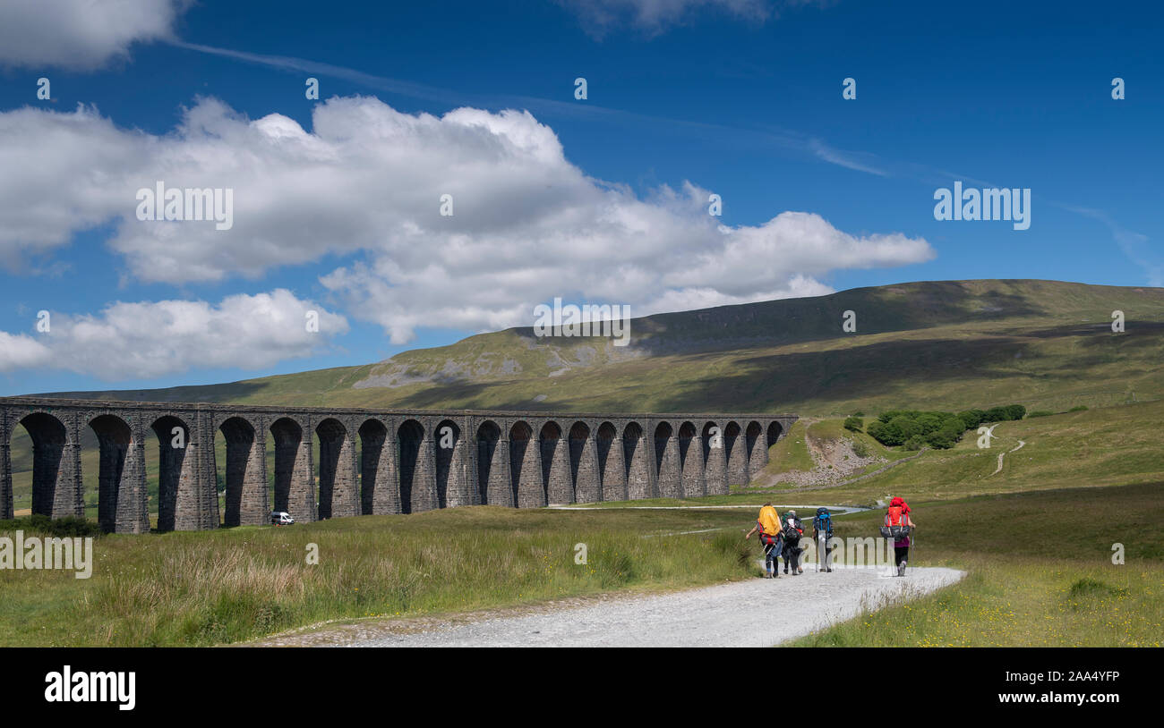 Les Marcheurs la position le long de la voie vers le viaduc de Ribblehead et Whernside, l'un des trois pics dans le Yorkshire Dales National Park, Royaume-Uni. Banque D'Images