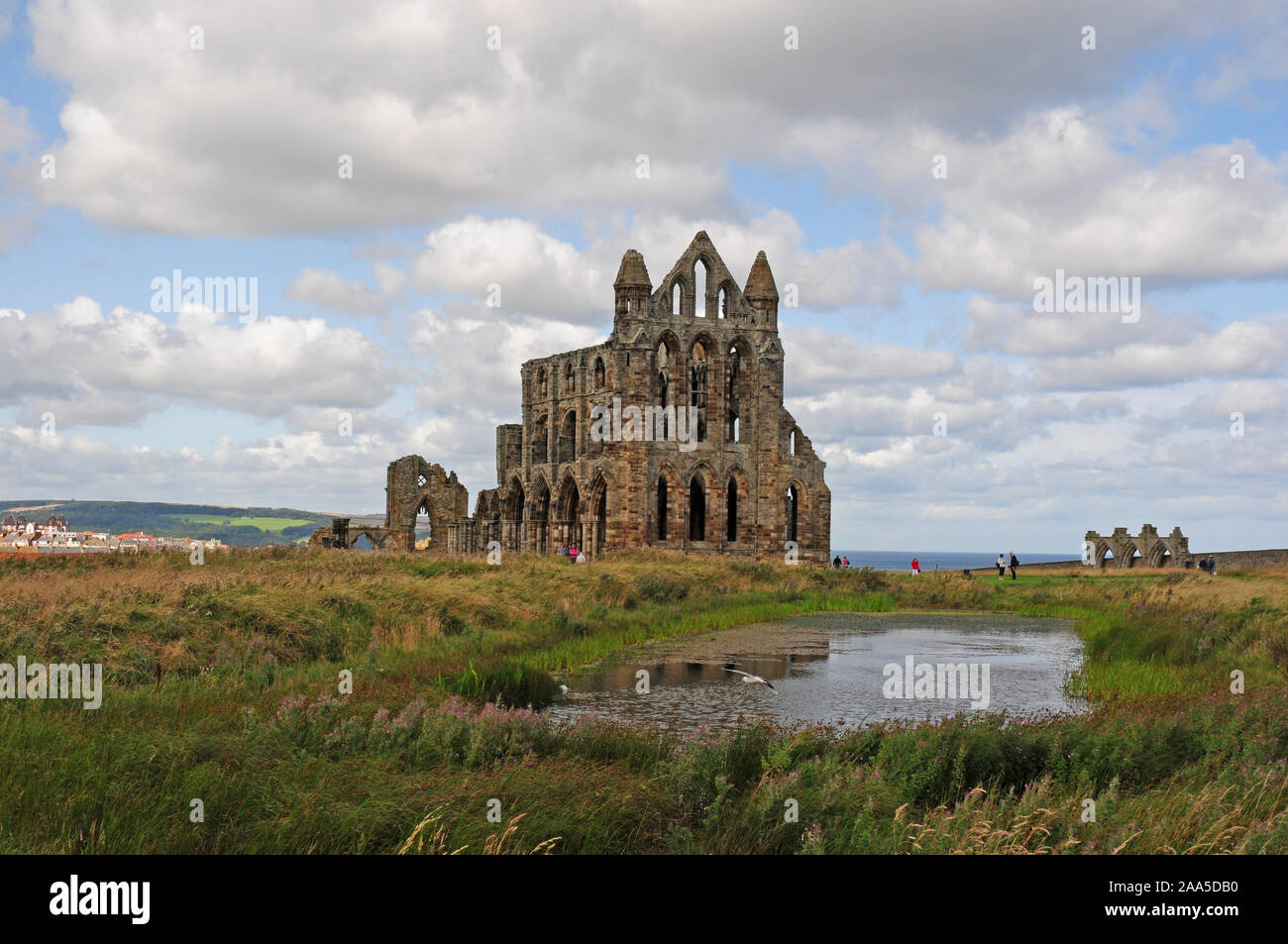 L'Abbaye de Whitby et étang. Les visiteurs, et une partie de Whitby. Banque D'Images