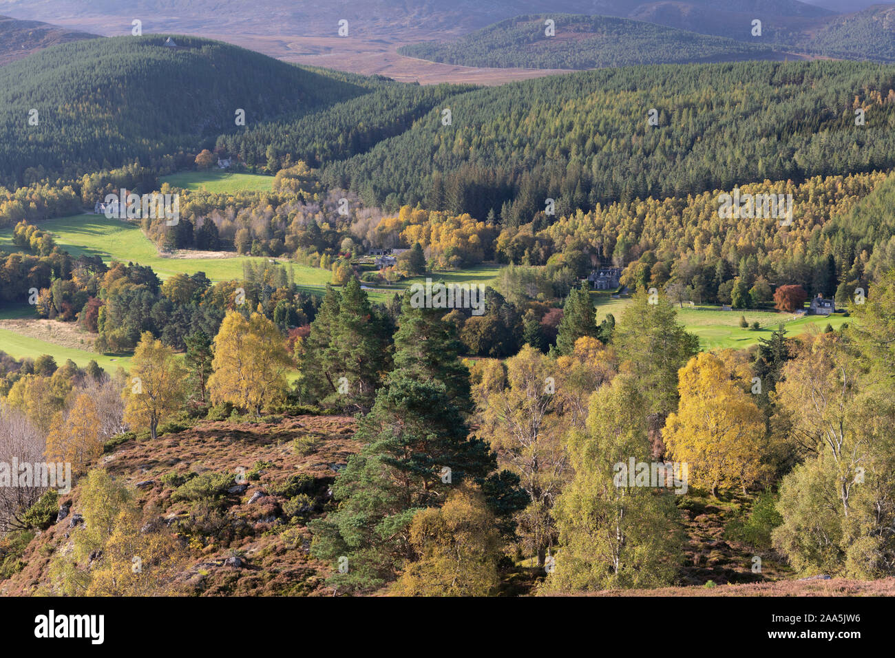Vue au-dessus de Balmoral Automne dans le domaine avec le Prince Albert's Cairn entouré par la forêt visible en haut de l'image Banque D'Images