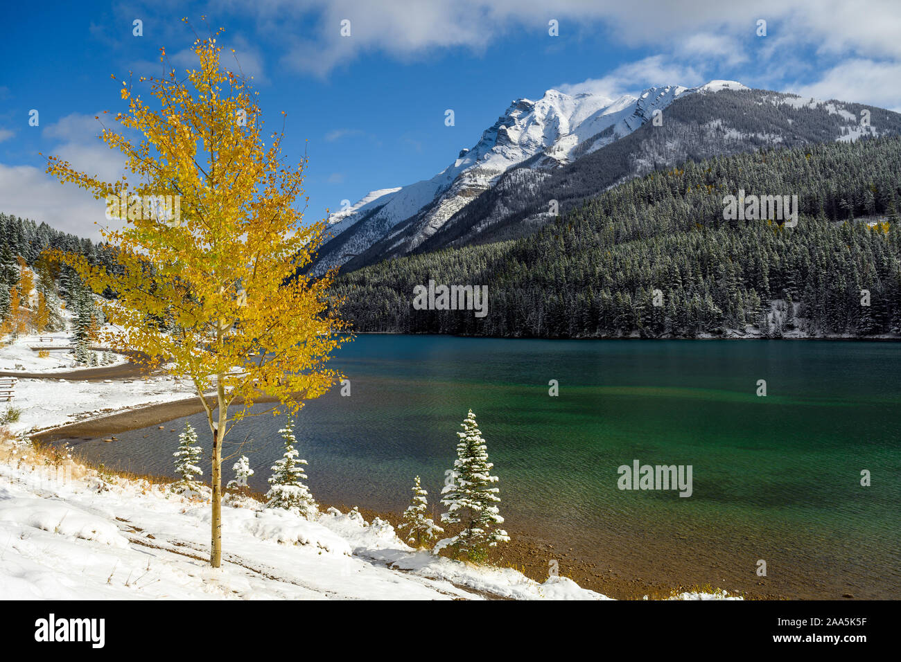 L'automne et l'hiver dans une seule image à l'deux Jack Lake dans le parc national de Banff, Alberta, Canada Banque D'Images