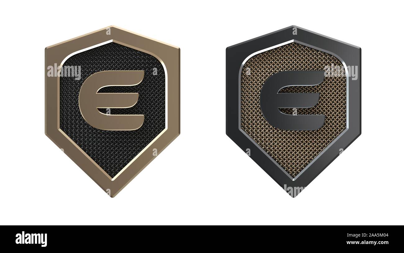 Lettre E, logo en métal avec grille. Banque D'Images