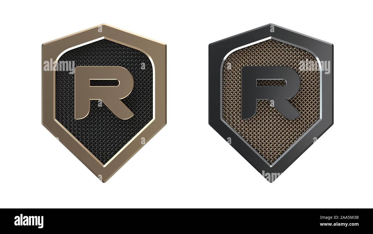 Lettre R, logo en métal avec grille. Banque D'Images