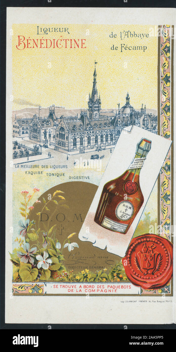 MENU EN FRANÇAIS ET ANGLAIS ; illustrations en couleur (annonces) pour BÉNÉDICTINE LIQUEUR, CIE GLE TRANSLANTIQUE, ET L'HÔTEL CONTINENTAL, PARIS ; d'autres annonces ; 1900-0612 ; PETIT-DÉJEUNER [détenus par] CIE GLE TRANSATLANTIQUE [at] SS LA CHAMPAGNE (SS) ; Banque D'Images