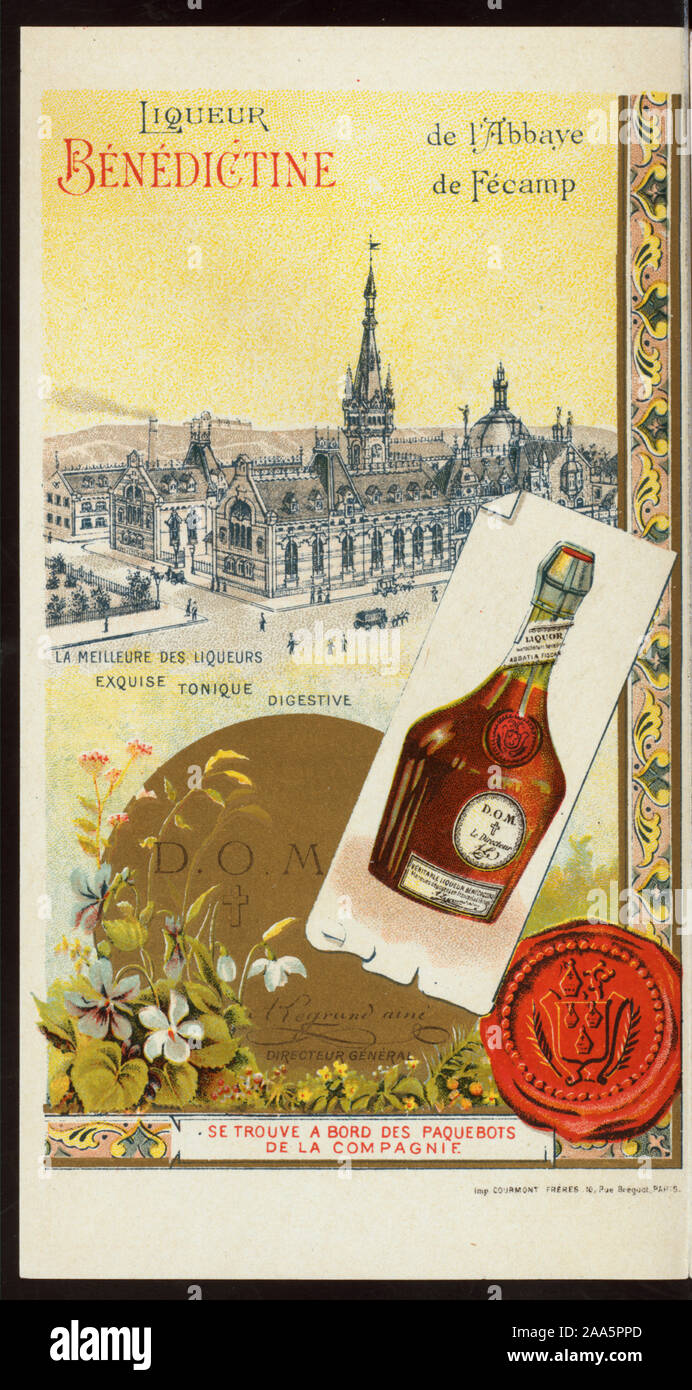 MENU EN FRANÇAIS ET ANGLAIS ; illustrations en couleur (annonces) pour BÉNÉDICTINE LIQUEUR, CIE GLE TRANSLANTIQUE, ET L'HÔTEL CONTINENTAL, PARIS ; d'autres annonces ; 1900-0611 ; PETIT-DÉJEUNER [détenus par] CIE GLE TRANSATLANTIQUE [at] SS LA CHAMPAGNE (SS) ; Banque D'Images