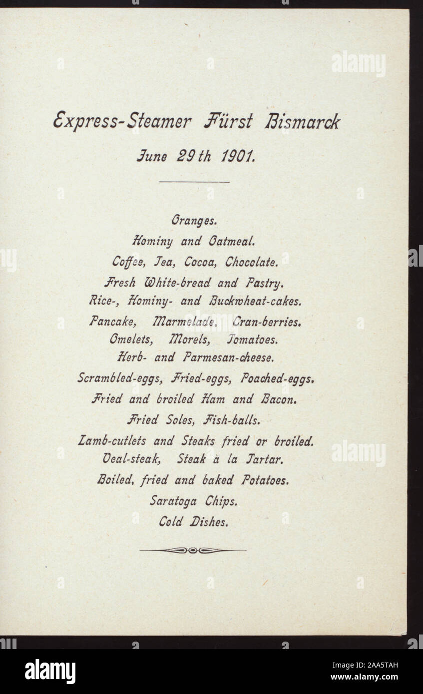 Menu Dans L Allemand Et L Anglais Citation Reference 1901 1799 Petit Dejeuner Detenus Par Hambourg Amerika Linie At Ss Furst Bismarck Ss Photo Stock Alamy