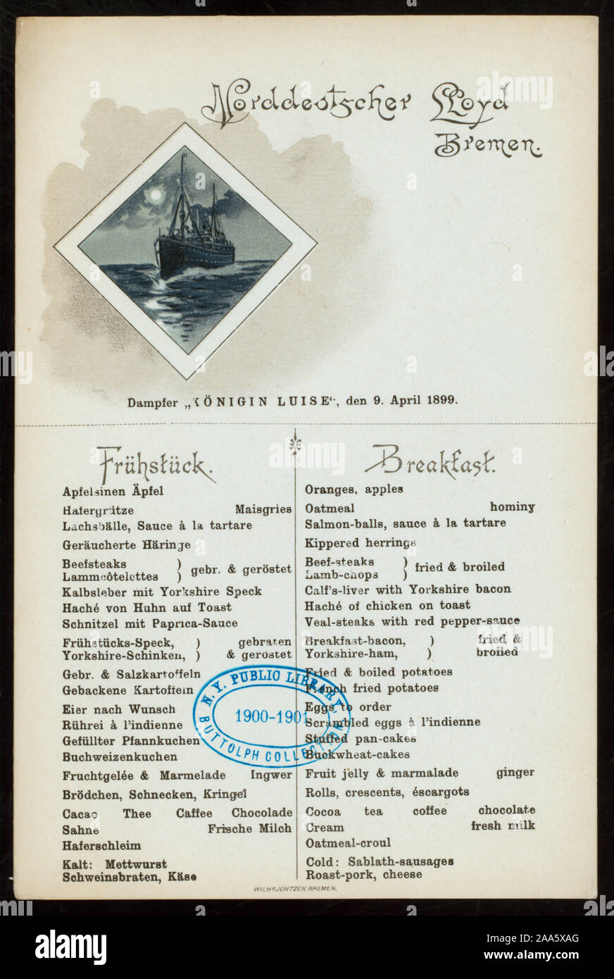 Allemand/Anglais ; différentes illustrations ; PETIT-DÉJEUNER [détenus par la NORDDEUTSCHER LLOYD BREMEN] [at] Konigin Luise (SS) ; Banque D'Images