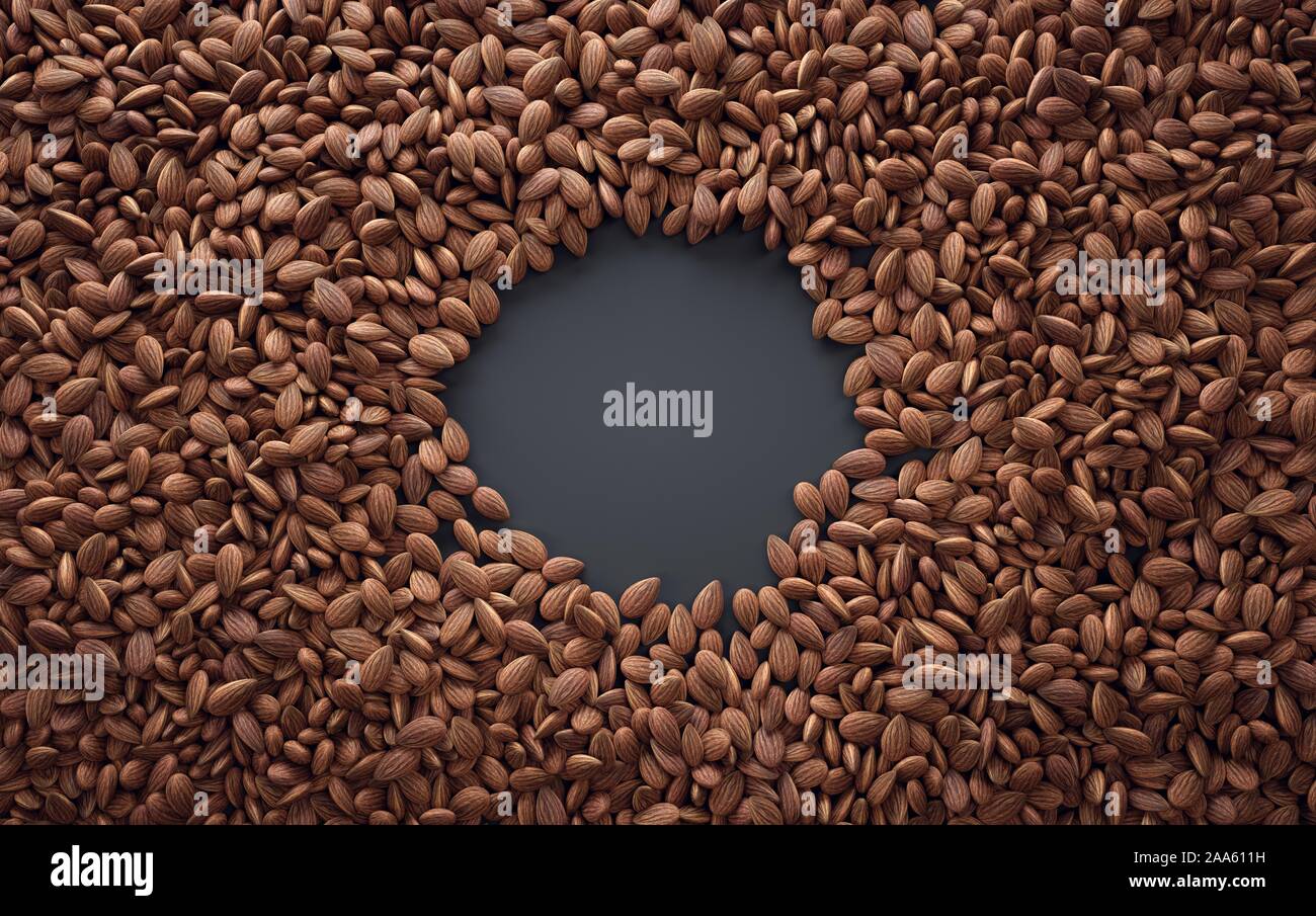 Beaucoup d'amandes sur fond clair de couleur foncée avec de l'espace pour texte Banque D'Images