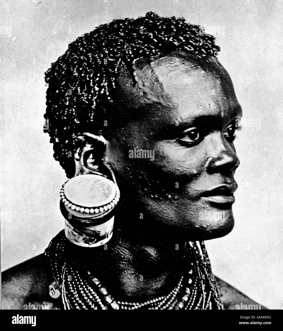 Portrait buste d'homme africain avec pot de confiture accrochée à son oreille, au Kenya 1880-1923 Banque D'Images