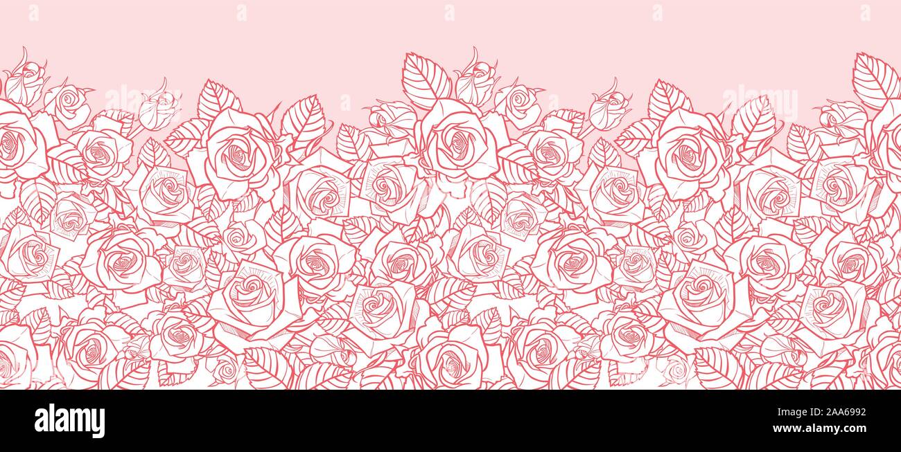 Roses roses et vecteur monochrome feuilles décrit la frontière horizontale. Parfait pour cartes de voeux et cartes d'invitation. Illustration de Vecteur