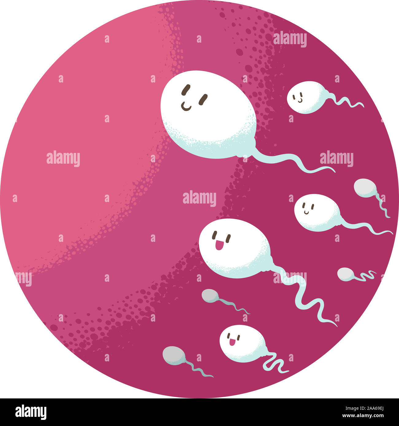 Illustration des mascottes de spermatozoïdes nager vers un ovule Banque D'Images