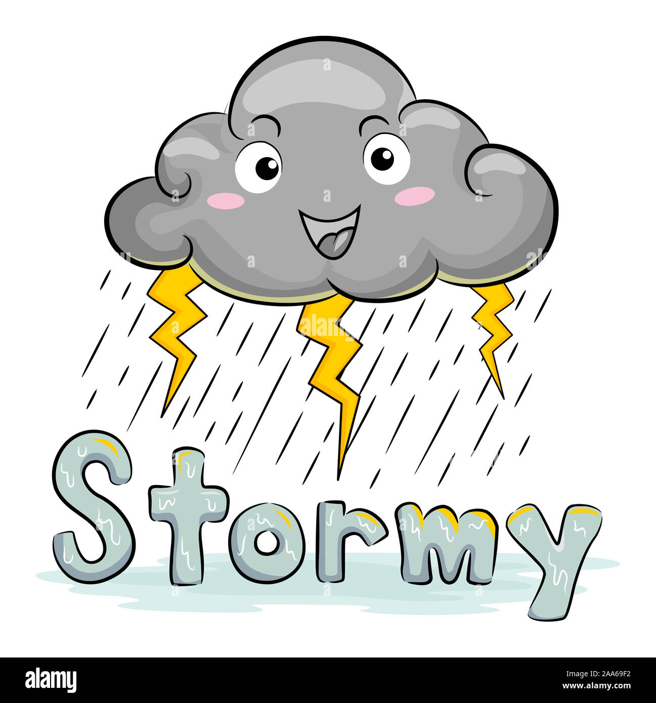 Illustration d'un nuage gris avec de la pluie et de la foudre et de lettrage orageux Banque D'Images
