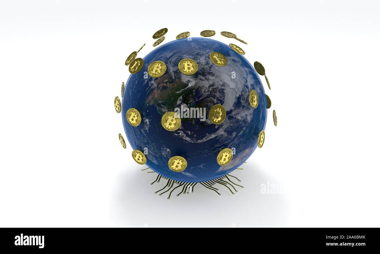 Excavation Bitcoin concept à l'échelle mondiale, rendu 3d'arrière-plan Banque D'Images