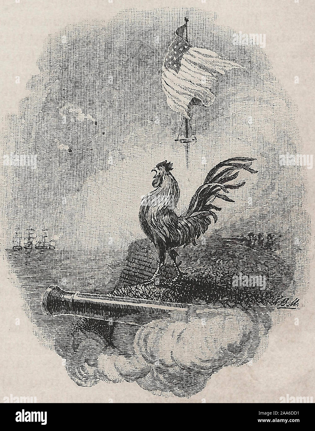 Coq debout sur un canon de Fort McHenry durant la guerre de 1812 - Le drapeau ondulant encore à l'aube de la lumière. Banque D'Images