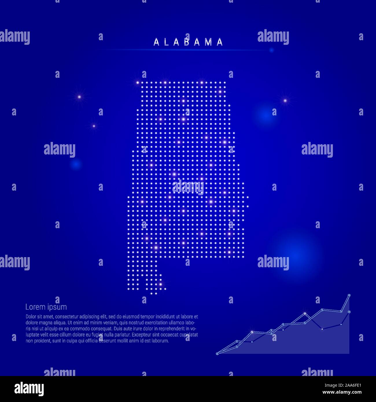 Nous l'Alabama State allumé carte avec points lumineux. Éléments infographiques. Arrière-plan de l'espace bleu foncé. Vector illustration. Tableau de croissance, lorem ipsum Illustration de Vecteur