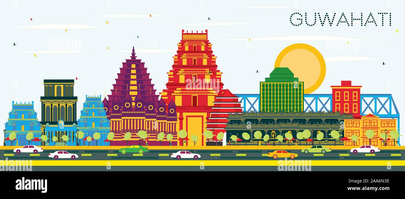 Guwahati Inde Ville avec des bâtiments de couleur et de ciel bleu. Vector Illustration. Les voyages d'affaires et tourisme Concept avec l'architecture historique. Illustration de Vecteur